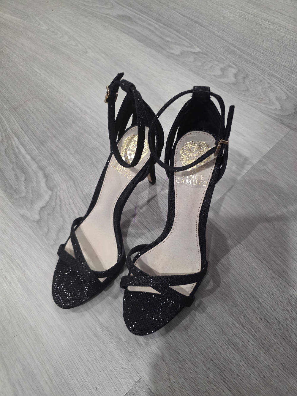 Vince Camuto Black Glitter Ankle-Strap Sandals